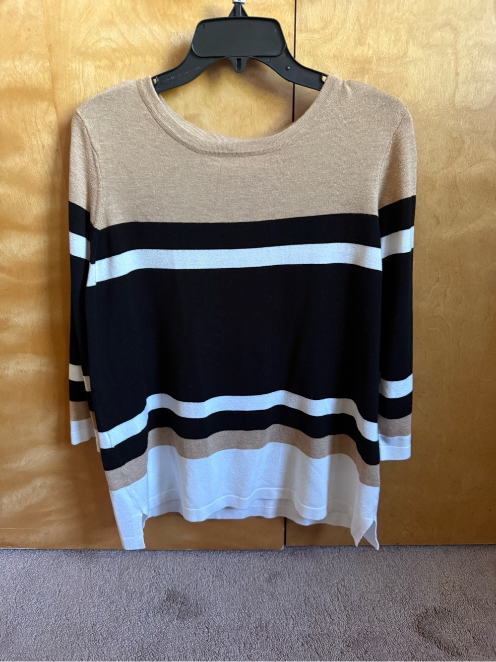 Liz Claiborne Striped Crewneck Sweater - Beige, Black & White